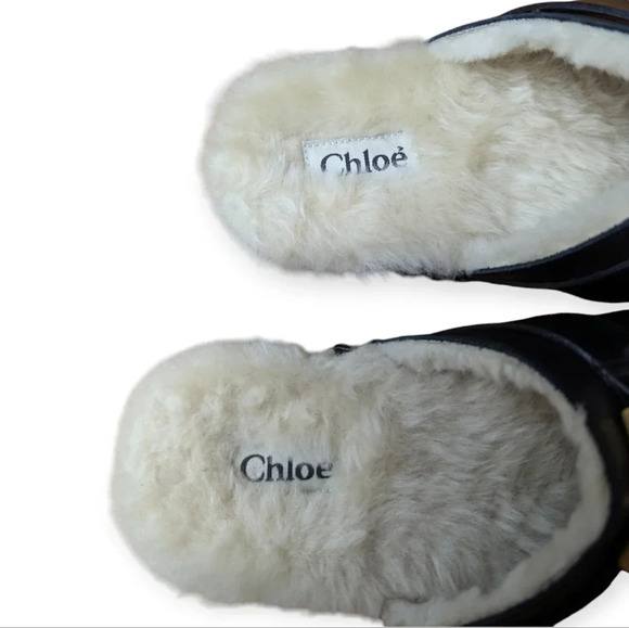 Chloé Leather Mules Black Size 6 Shearling Slip-On Designer Luxury - Picture 2 of 12